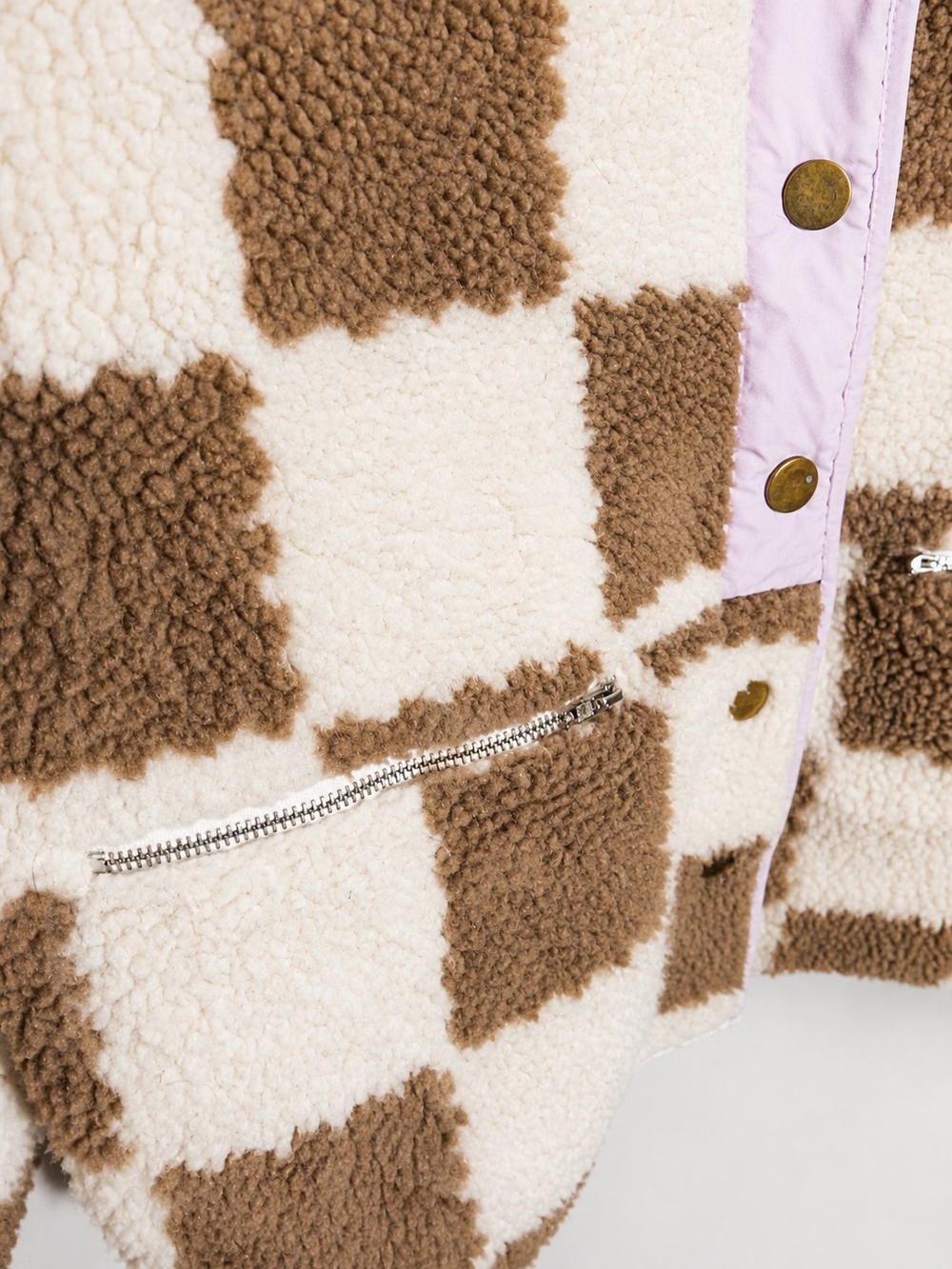 Gilipur Women’s Brown Cream Checkered Sherpa Fleece Jacket Teddy Coat Y2K - Picture 6 of 7